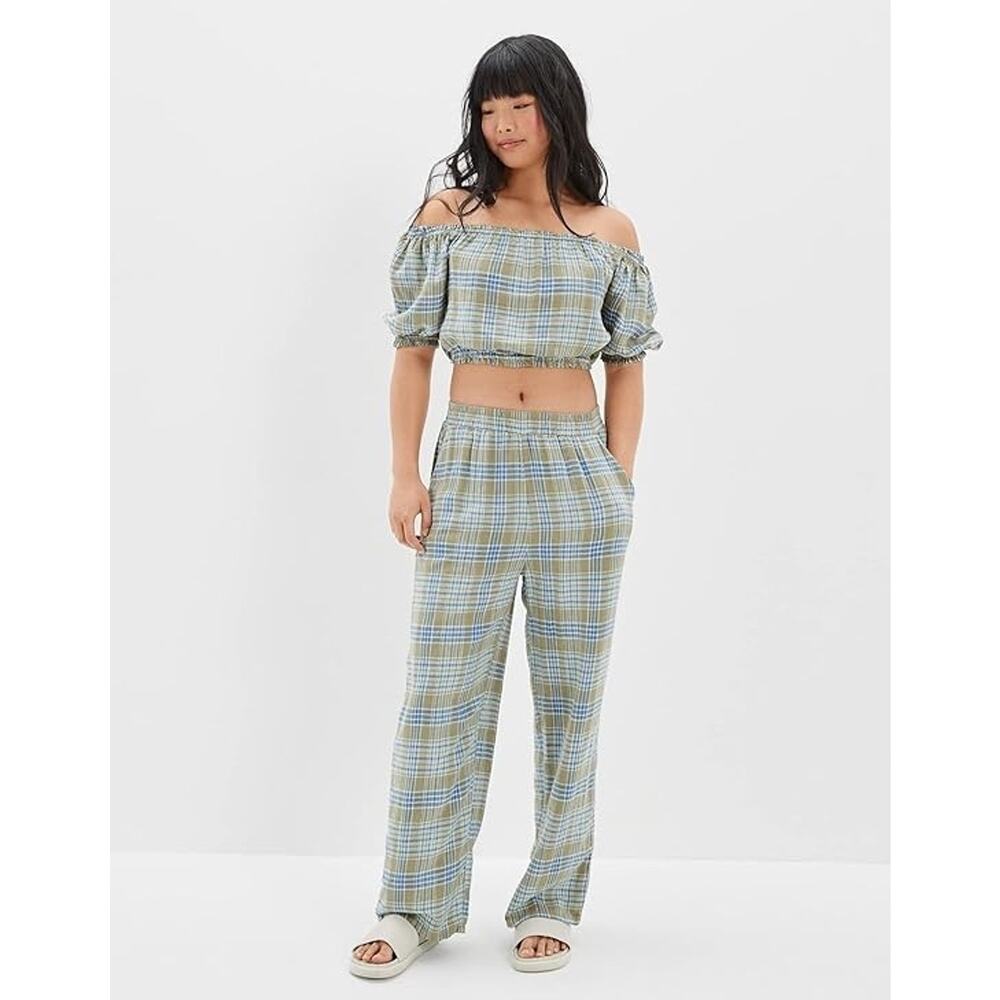 American Eagle Plaid Baggy Wide Leg Pants Green Blue Size S Elastic Waist Linen